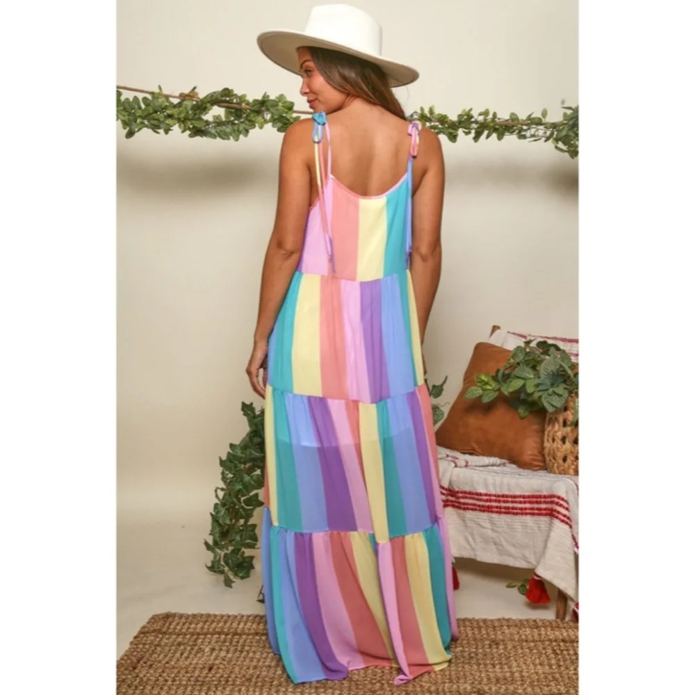 CLEARANCE Rainbow Colorful Multi Bright Striped Tiered Tie Shoulder Maxi Dress - Picture 8 of 8